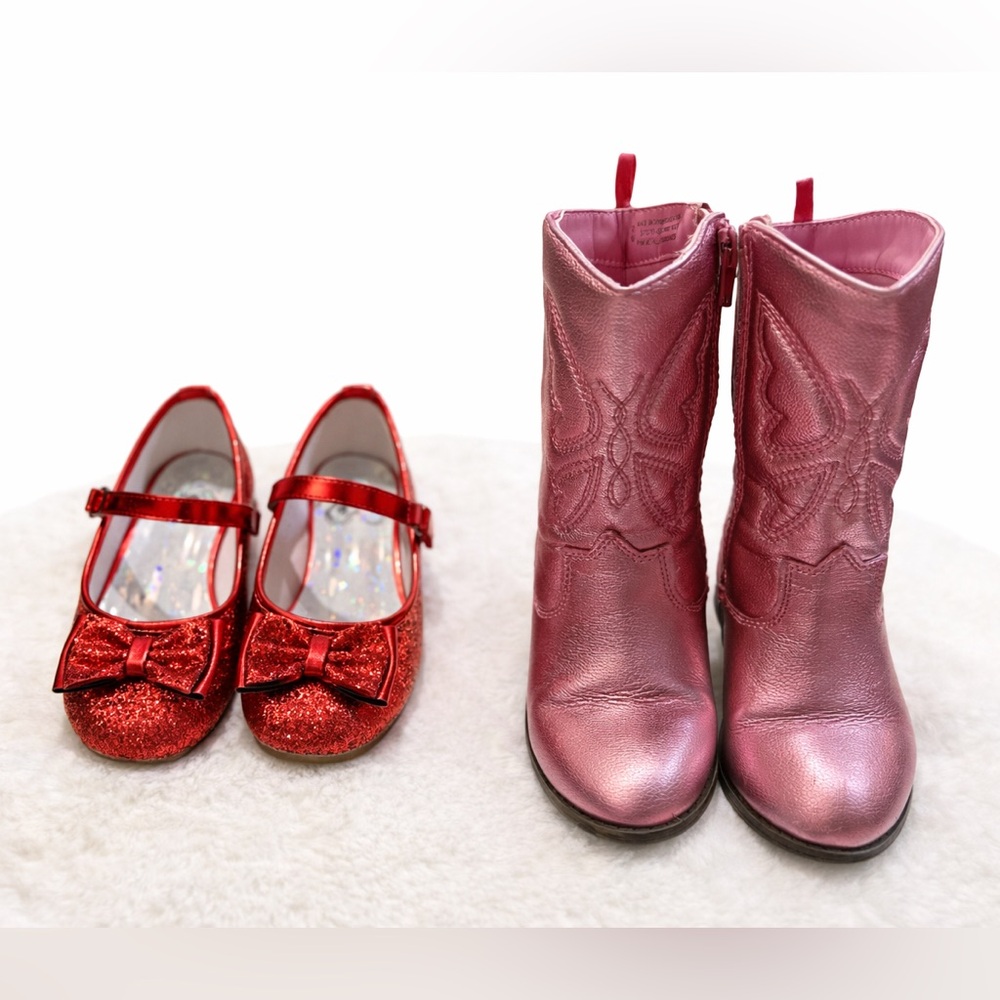 *2 For 1* Red Glitter Mary Jane Shoes & Metallic Pink Cowboy Boots—Kids Size 11
